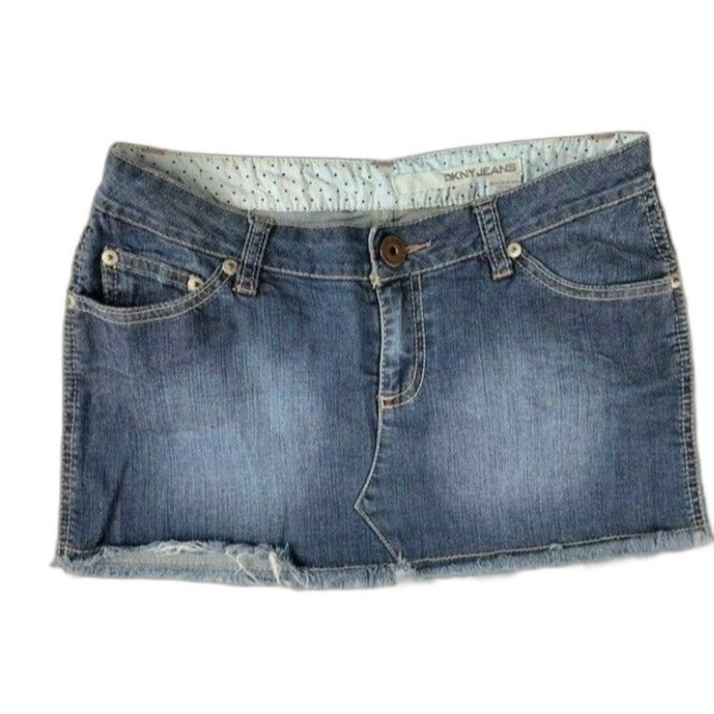 DKNY Jeans Size 3 Womens Skirt Stretch Medium Wash Raw Hem Embellished